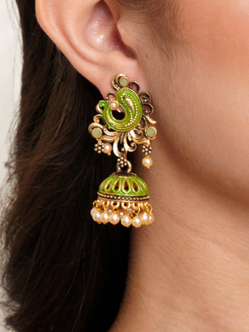 Karatcart Antique Gold Plated Light Green Stone with Meena Jhumki Earrings for Women