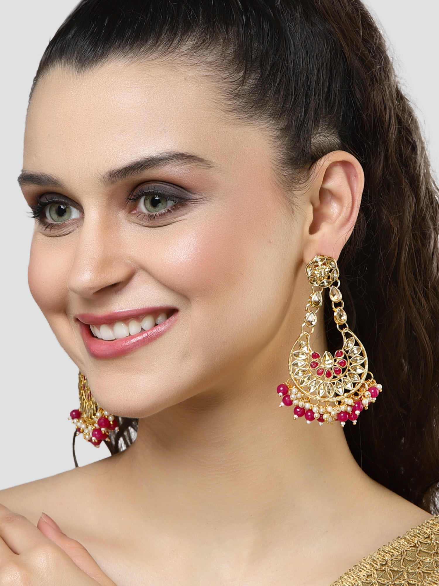 Karatcart Gold Plated Pink Beads Kundan Studded Dangler Earrings for Women - view 2