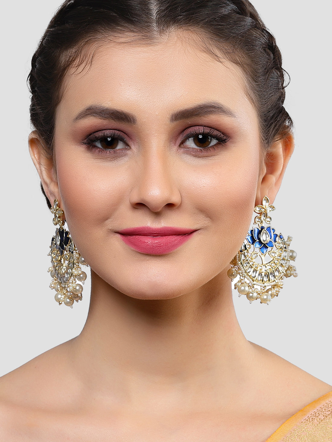 Karatcart Gold Plated Lotus Shape Blue Meena Kundan Studded Chandbali Earrings for Women