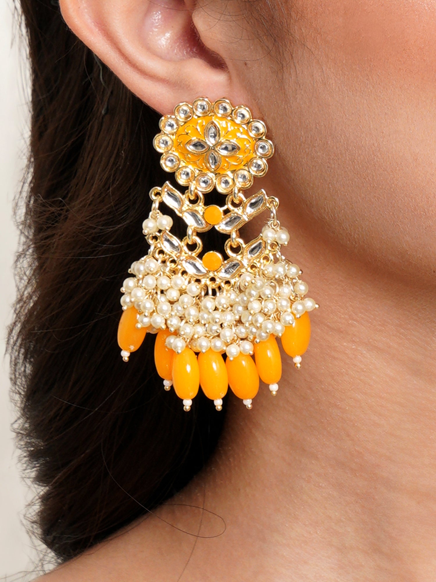 Karatcart Gold Plated Kundan Studded Yellow Meena and Tumble Dangler Earrings for Women - Image 1