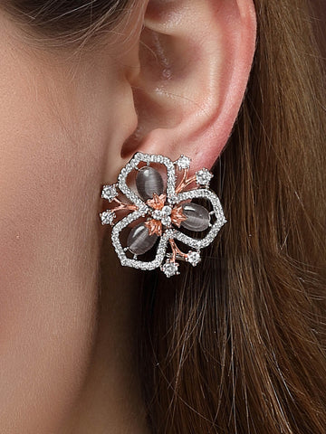 Karatcart Silver & Rose Gold Plated Grey Stone Floral Design Cubic Zirconia Stud Earrings