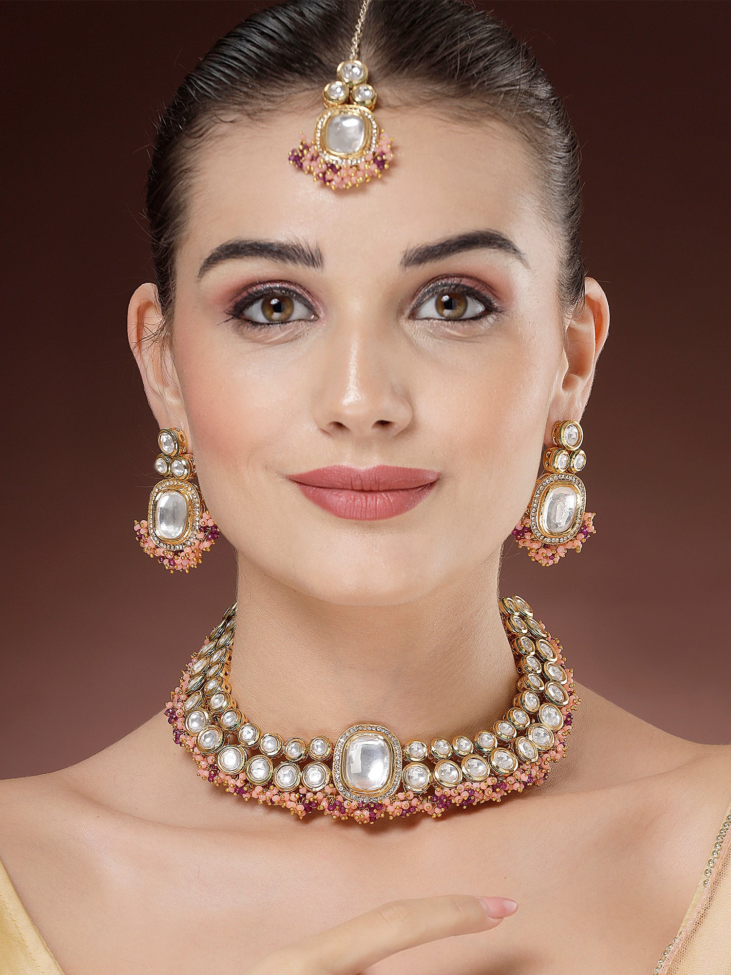 Karatcart Pink and Purple Crystal Polki Kundan Necklace Set for Women
