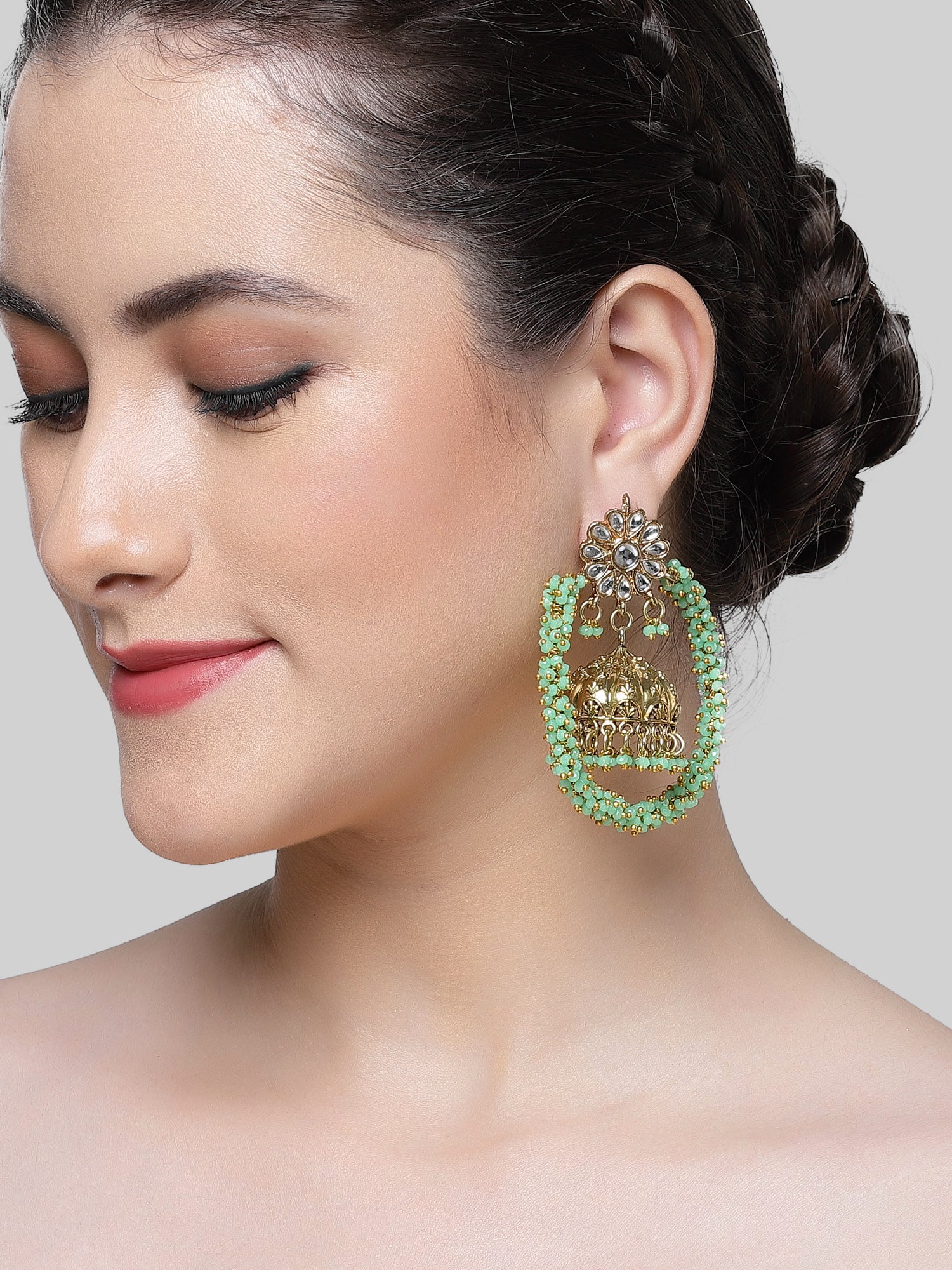 Karatcart Gold Plated Light Green Crystal Jhumki Hoop Earrings for Women - view 2