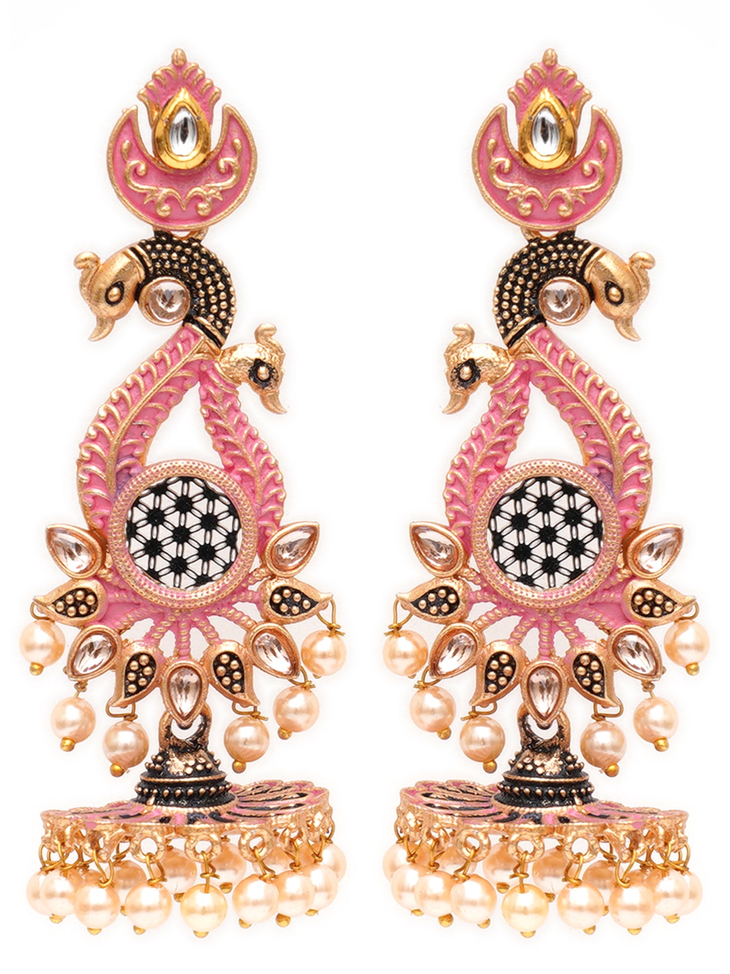 Karatcart Antique Gold Plated Kundan Studded Pink Meena Peacock with Flat Jhumki Dangler Earrings - view 4