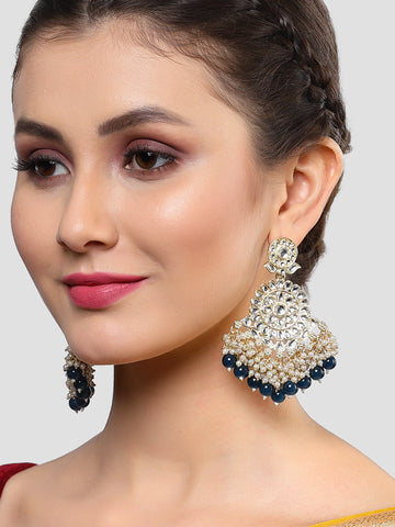 Karatcart Gold Plated Blue Beads and Pearl Studded Kundan Dangler Earrings for Women