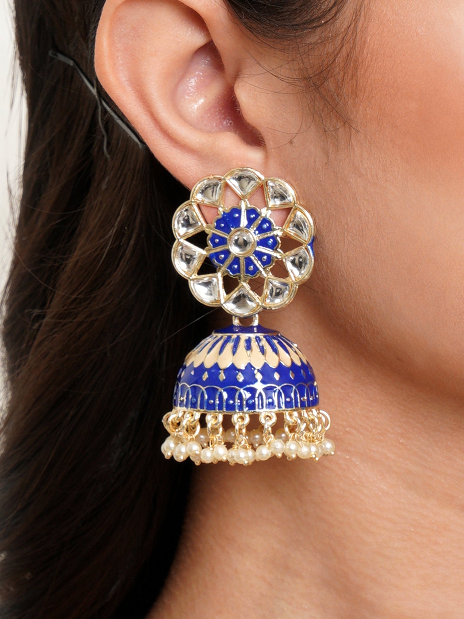 Karatcart Gold Plated Royal Blue Meena Kunda Studded Jhumki Earrings for Women - Image 1