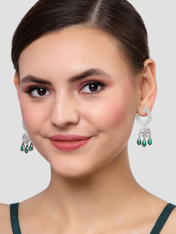 Karatcart Silver Tone Green Cubic Zirconia Studded Dangler Earrings for Women