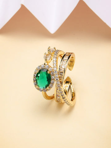 Bohey by KARATCART Gold Plated Green Cubic Zirconia Studded Zig-Zag Design Women's Finger Ring