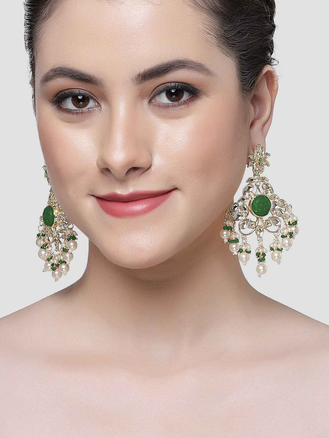 Karatcart Gold Plated Green Carved Stone Kundan Dangler Earrings for Women