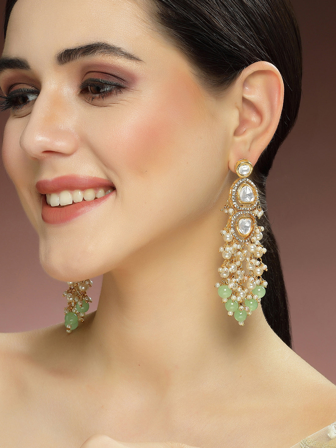 Karatcart Gold Plated Polki Kundan Light Green Beads Drop Earrings for Women