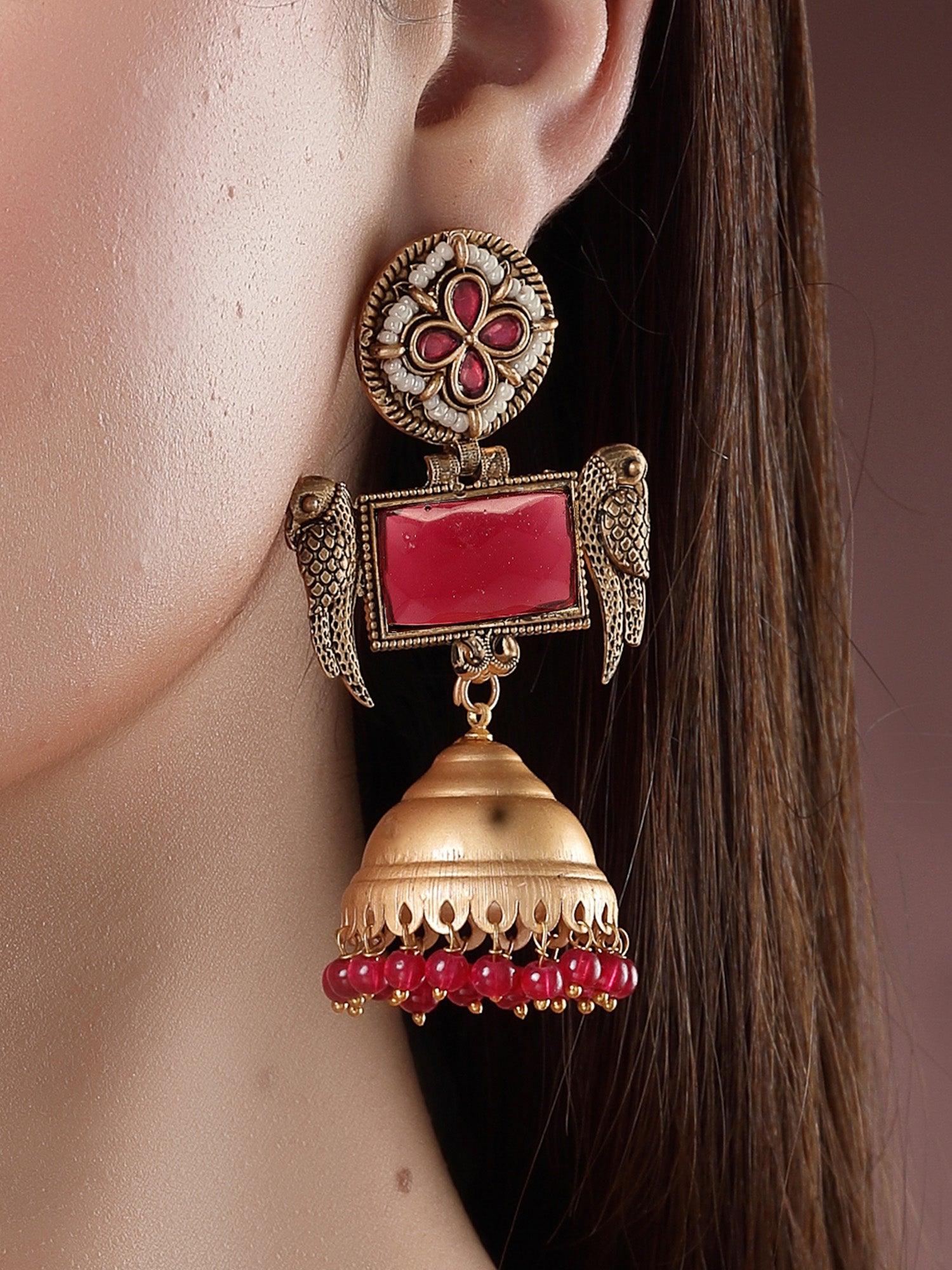 Karatcart Gold Plated Red Stone Studded Dangler Jhumki Earrings for Women