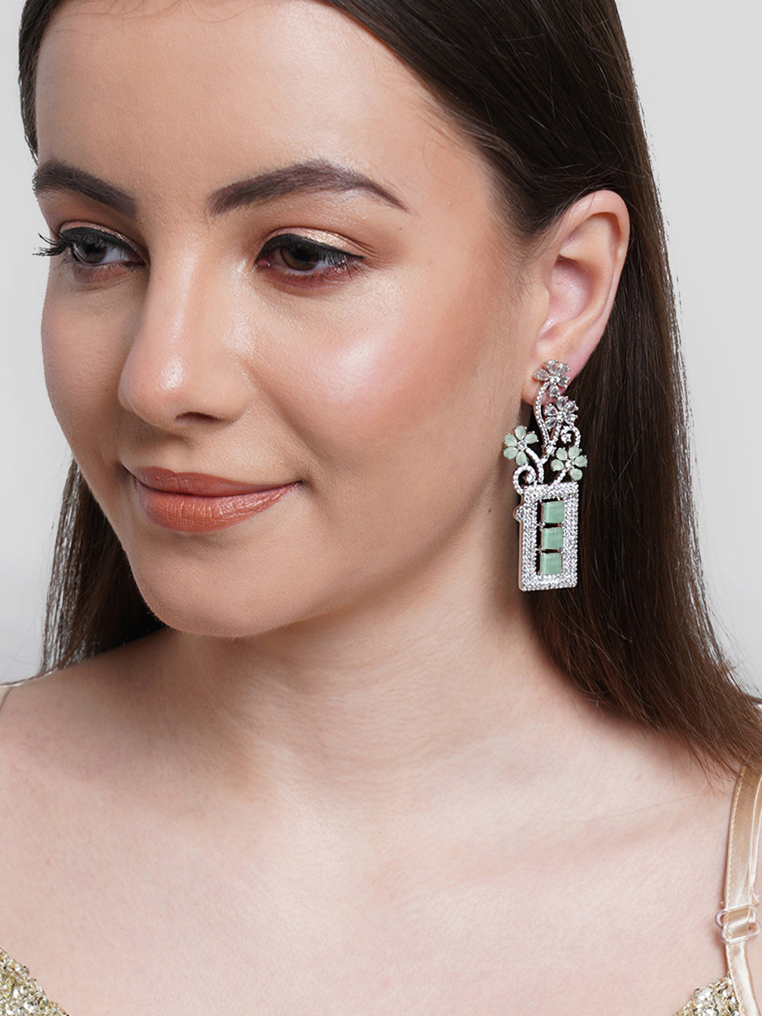 Karatcart Silver Tone Lime Green Cubic Zirconia Studded Floral Drop Earrings for Women