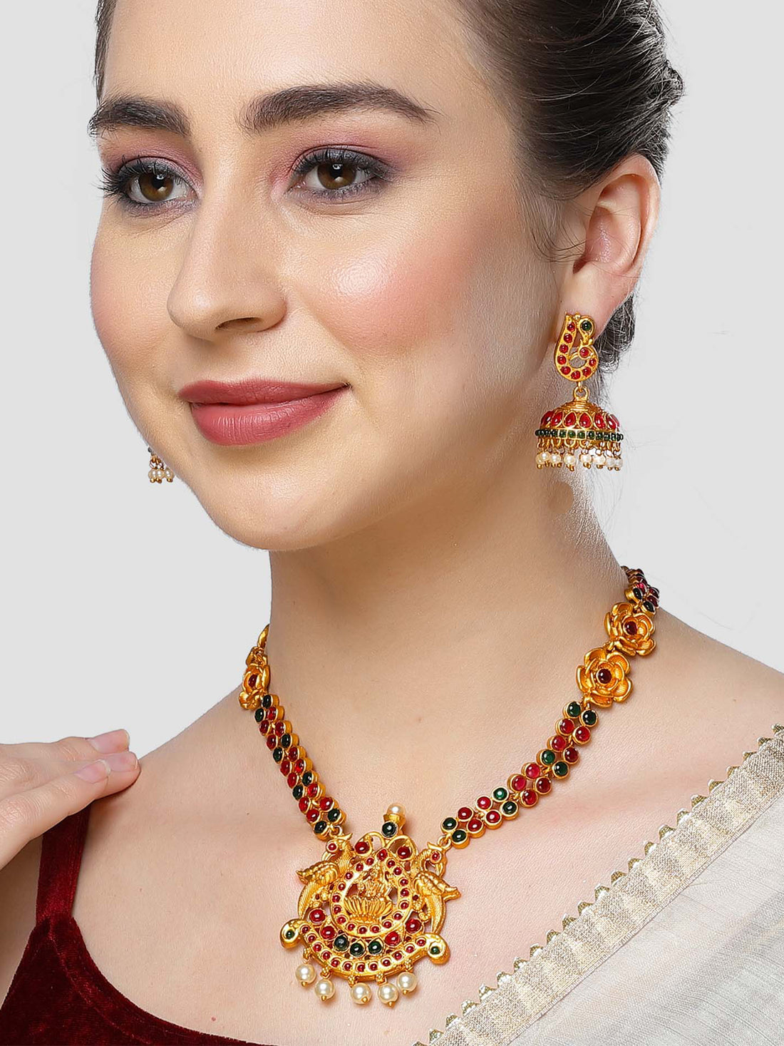 Karatcart Red and Green Stones Laxmi Mata Design Temple Jewellery Set for Women