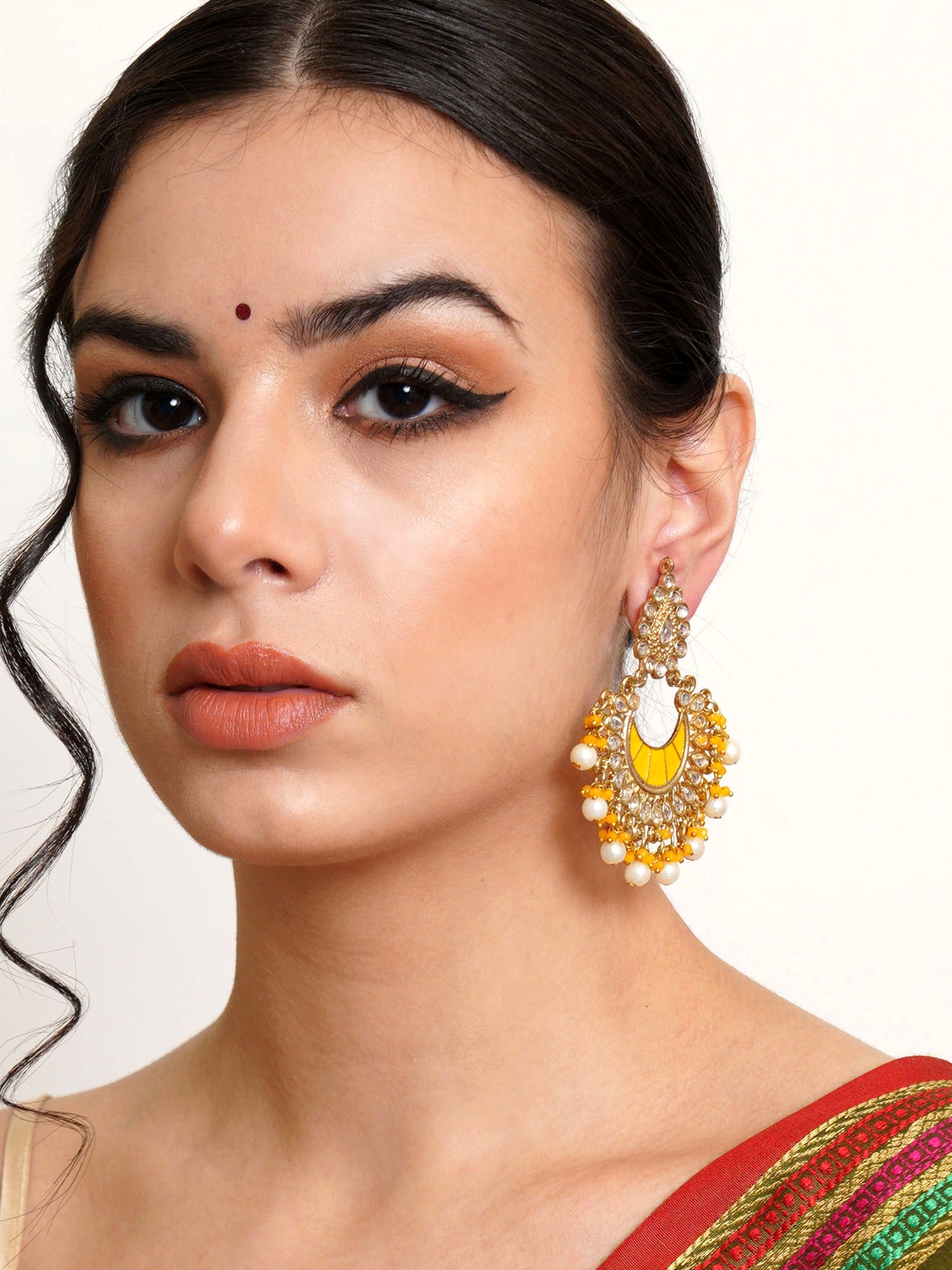 Karatcart Gold Plated Yellow Meena Kundan Chandbali Earrings for Women - view 2