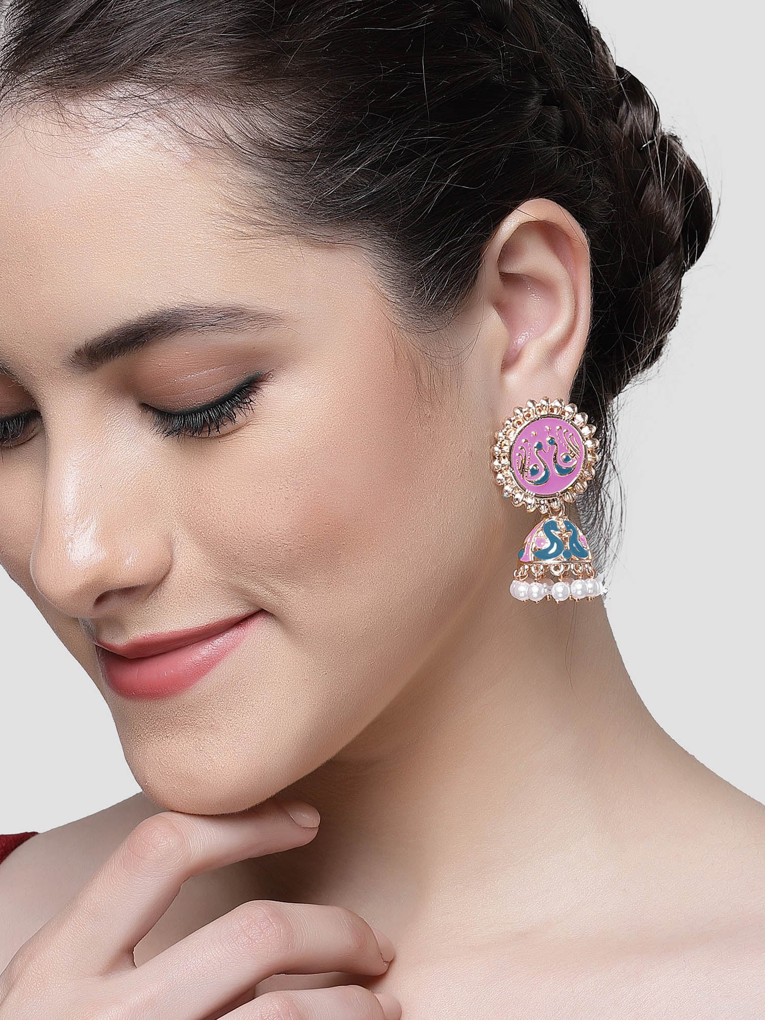 Karatcart Rose Gold Plated Peacock Design Pink and Blue Meena Jhumki Earrings for Women