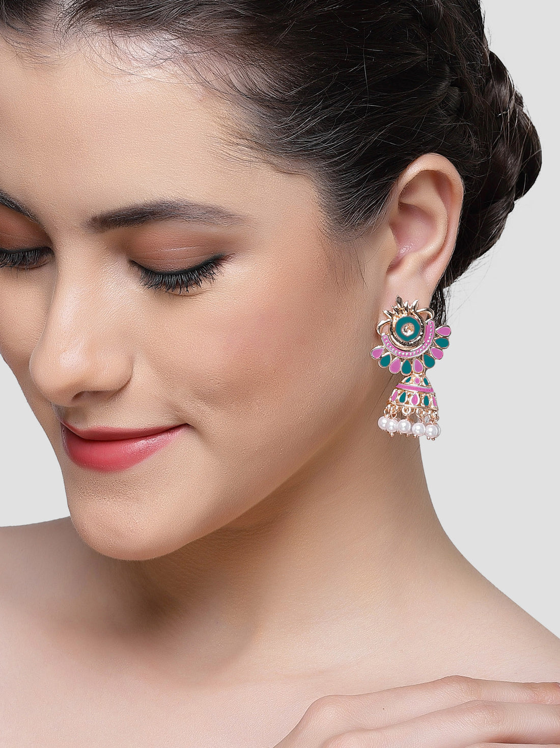 Karatcart Rose Gold Plated Pink and Blue Meena Jhumki Earrings for Women