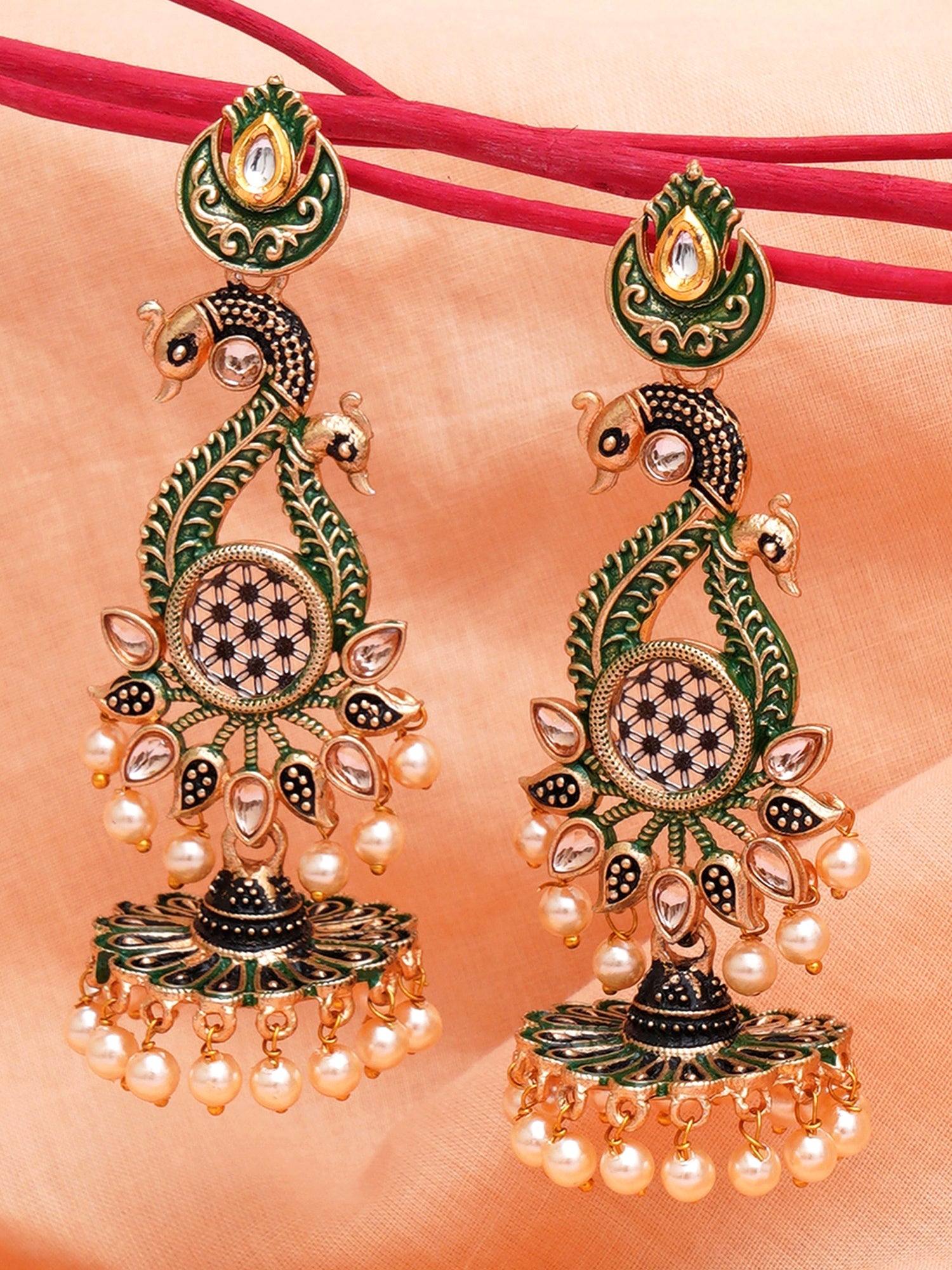 Karatcart Antique Gold Plated Kundan Studded Green Meena Peacock with Flat Jhumki Dangler Earrings - view 3