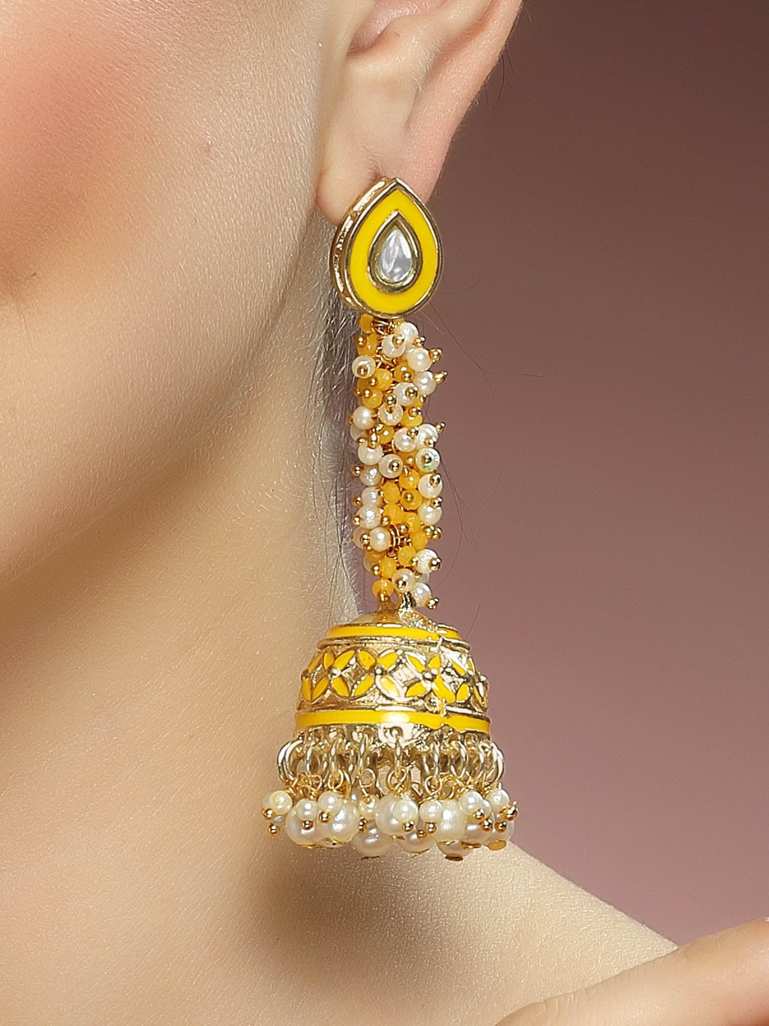 Karatcart Gold Plated Yellow Meena Kundan Jhumki Earrings for Women - Image 1