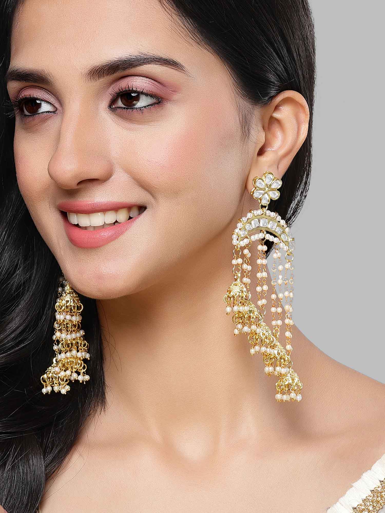 Karatcart Gold Plated Pearl chain and Jhumki Studded Kundan Drop Earring for Women - Image 1