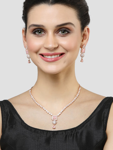 Karatcart Pink American Diamond Studded Rose Gold Plated Necklace Set for Women