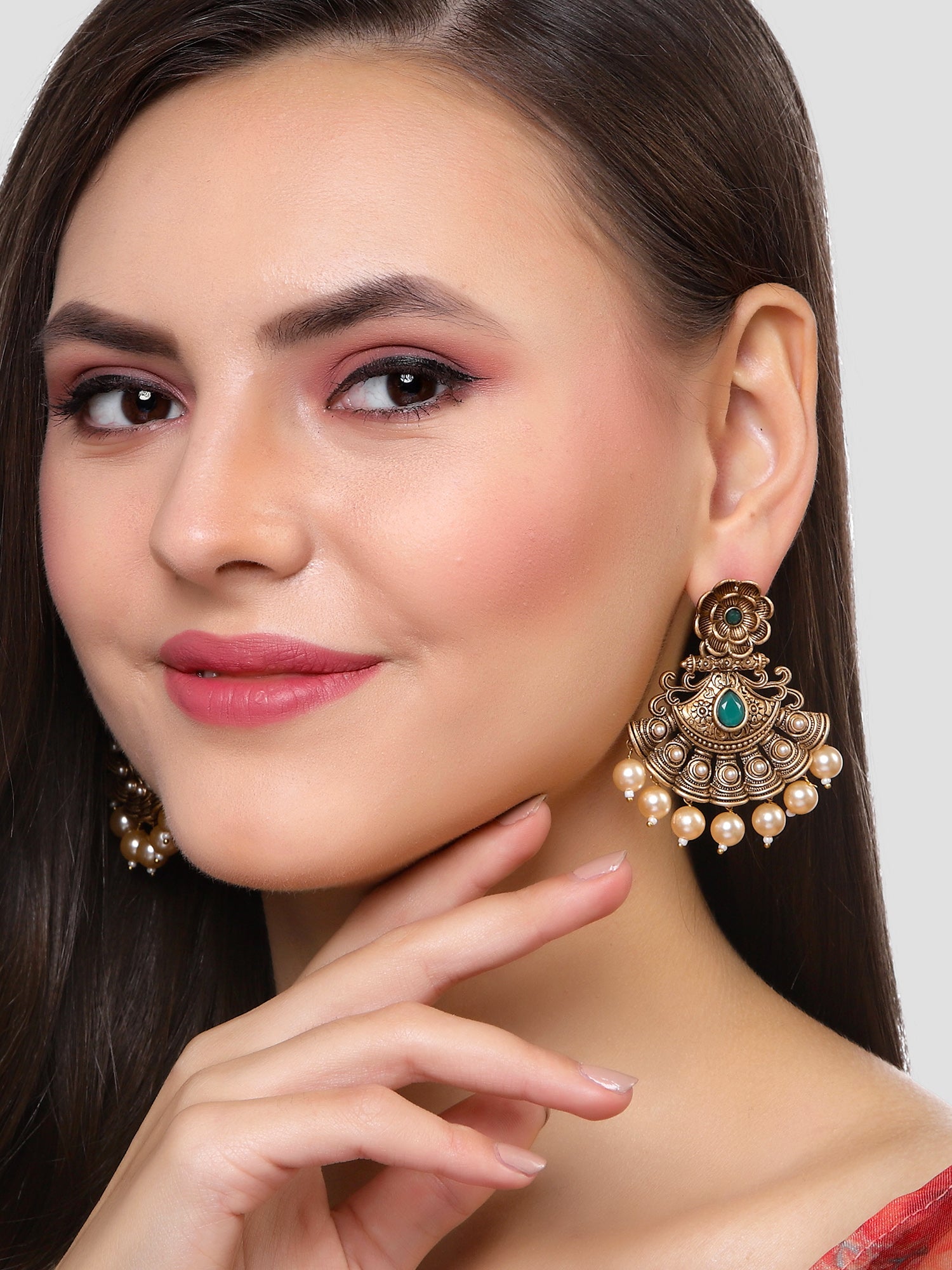 Karatcart Gold Plated Green Stone and Pearl Studded Dangler Earrings for Women - Image 1