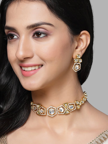 Karatcart Gold Plated Polki Kundan Choker Necklace Set for Women