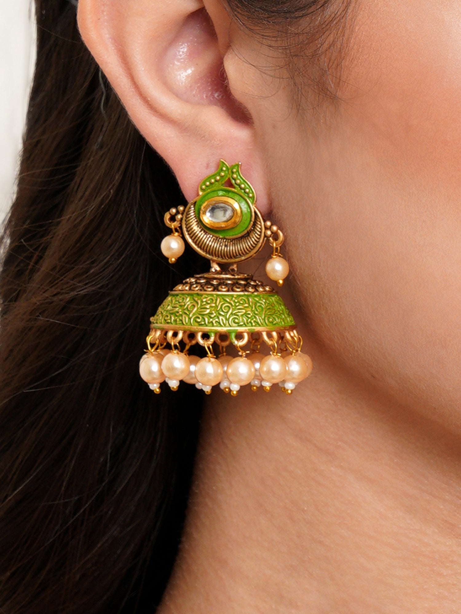 Karatcart Antique Gold Plated Polki Kundan Studded Light Green Meena Jhumki Earrings for Women - Image 1