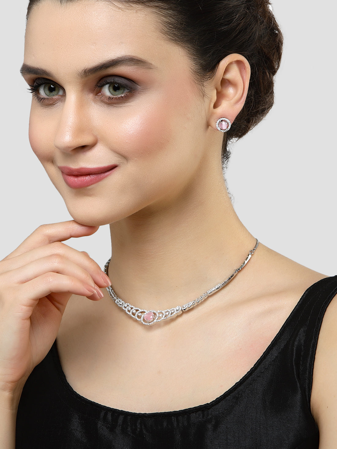 Karatcart Silver Tone Pink CZ Necklace Set