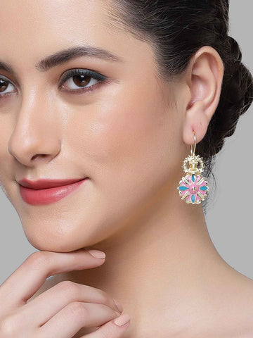 Karatcart Gold Plated Blue and Pink Meena Floral Drop Earring for Women