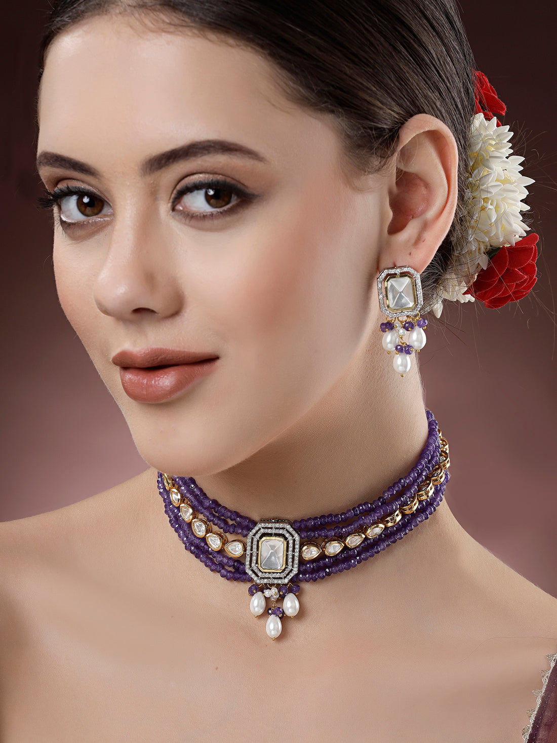 Karatcart Cubic Zirconia Studded Purple Crystal and Polki Kundan Beaded Choker Necklace Set