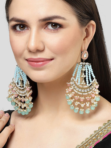 Karatcart Gold Plated Blue and Pink Kundan Studded Dangler Earrings for Women