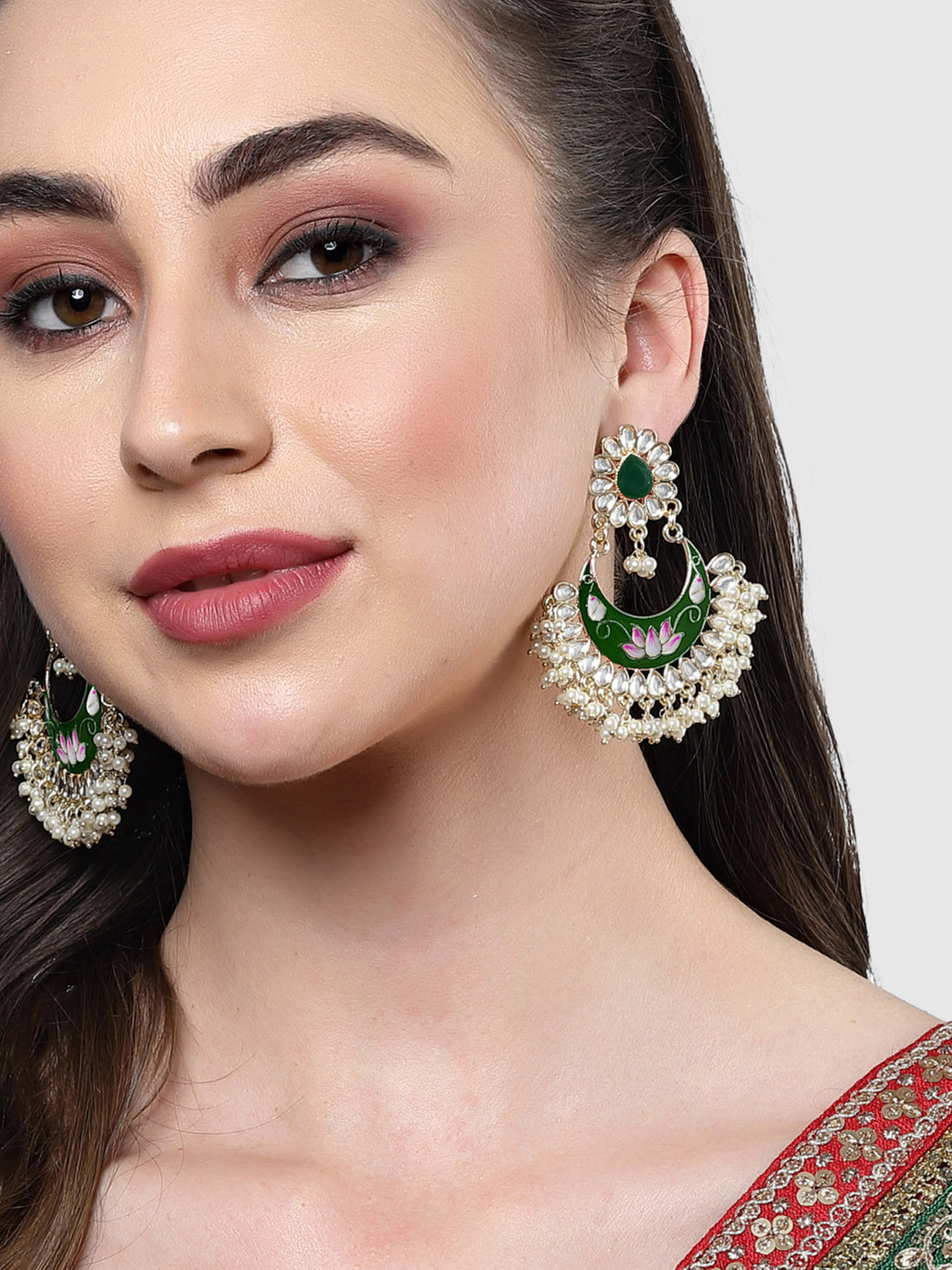 Karatcart Gold Plated Lotus Design Green Meena Kundan Dangler Earrings for Women