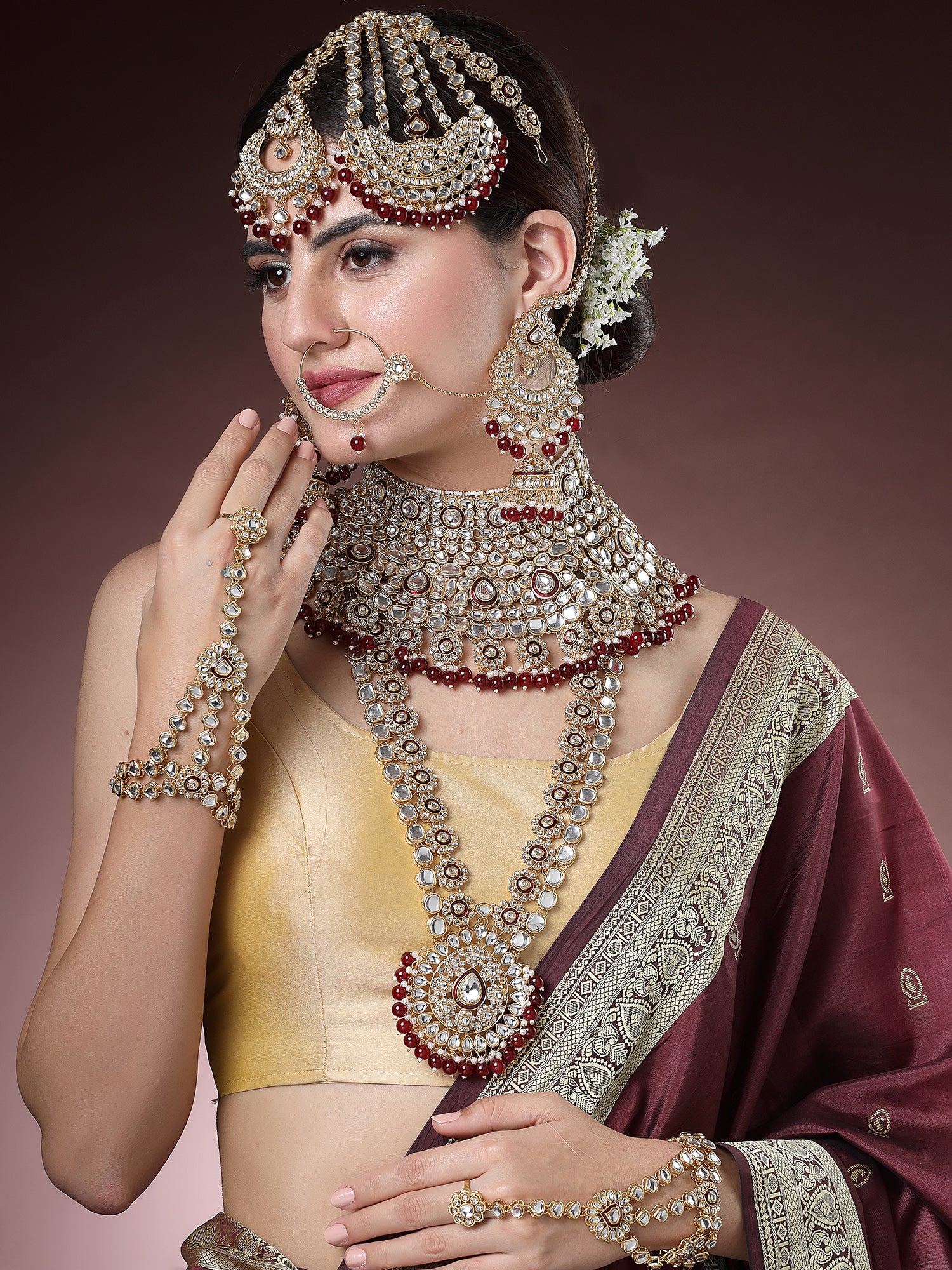 Karatcart Gold Plated Red Enamel Ethnic Indian Traditional Kundan Dulhan Bridal Jewellery Set