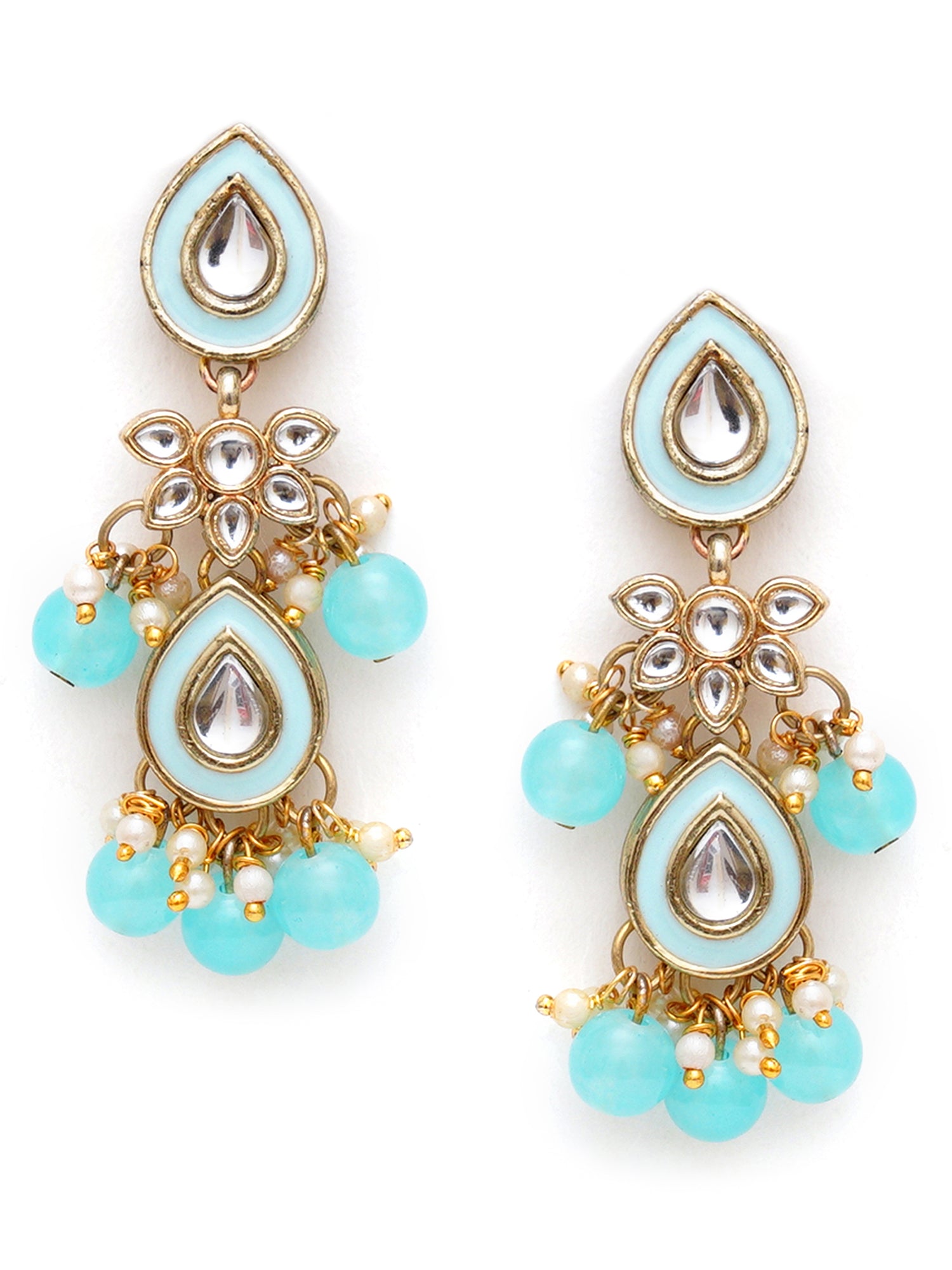 Karatcart Gold Plated Light Blue Meena Kundan Drop Earrings for Women - view 3
