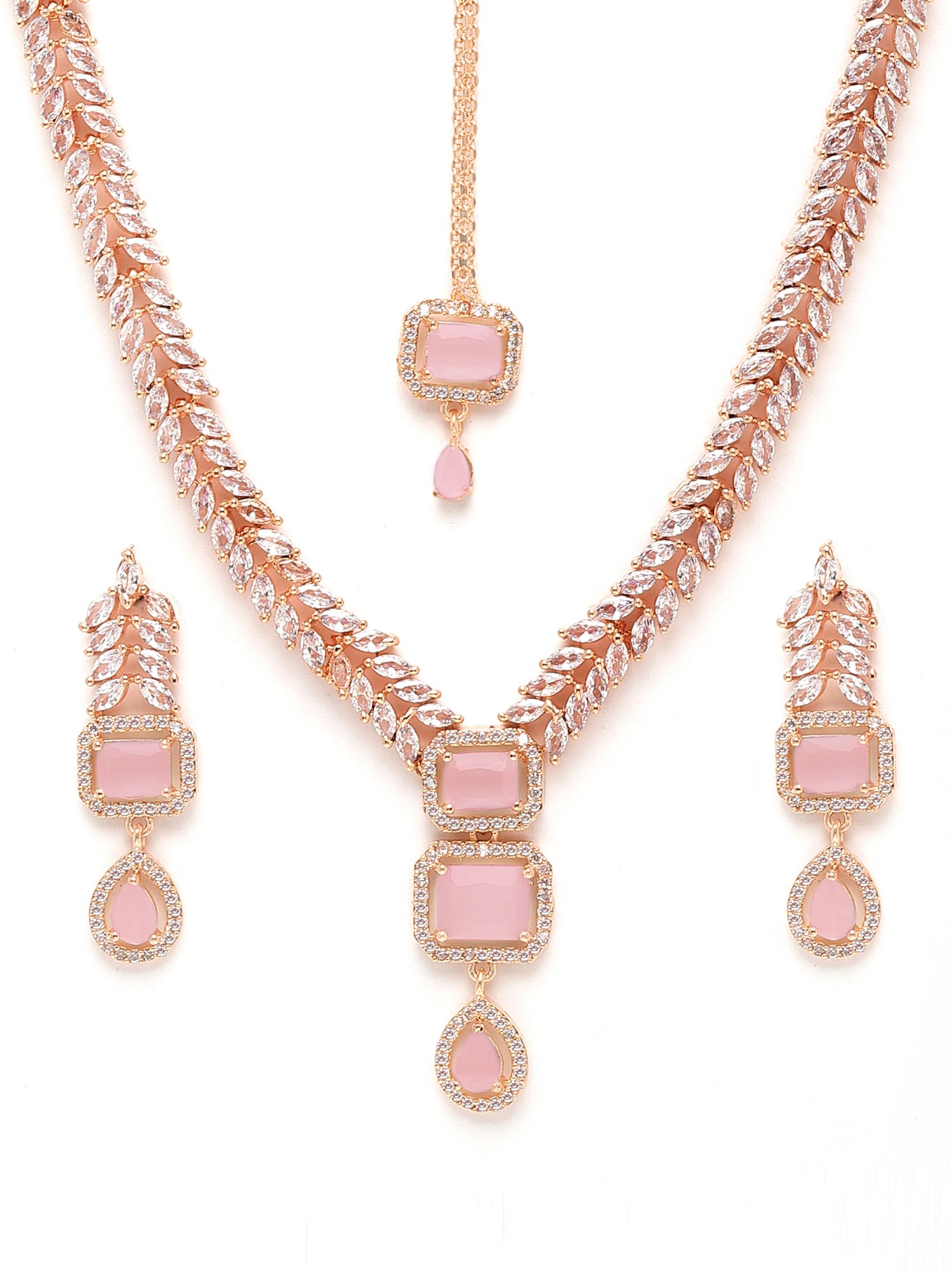 Karatcart Pink Cubic Zirconia Studded Rose-Gold Plated Necklace Set for Women - view 4