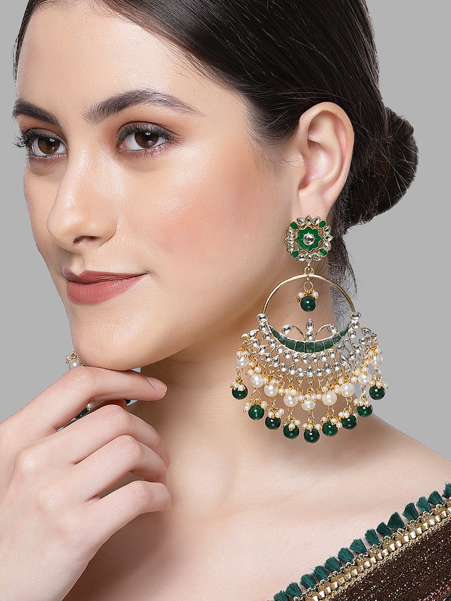 Karatcart Gold Plated Green Beads and Pearl Kundan Chandbali Earrings for Women - Image 1