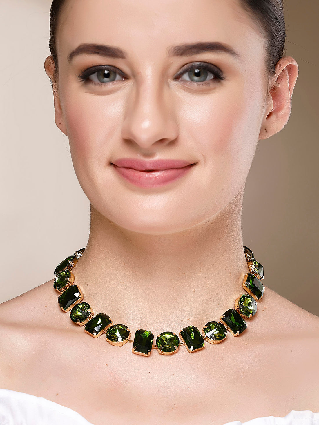 Bohey by KARATCART Gold-Plated Green Rhinestone Long Necklace for Women