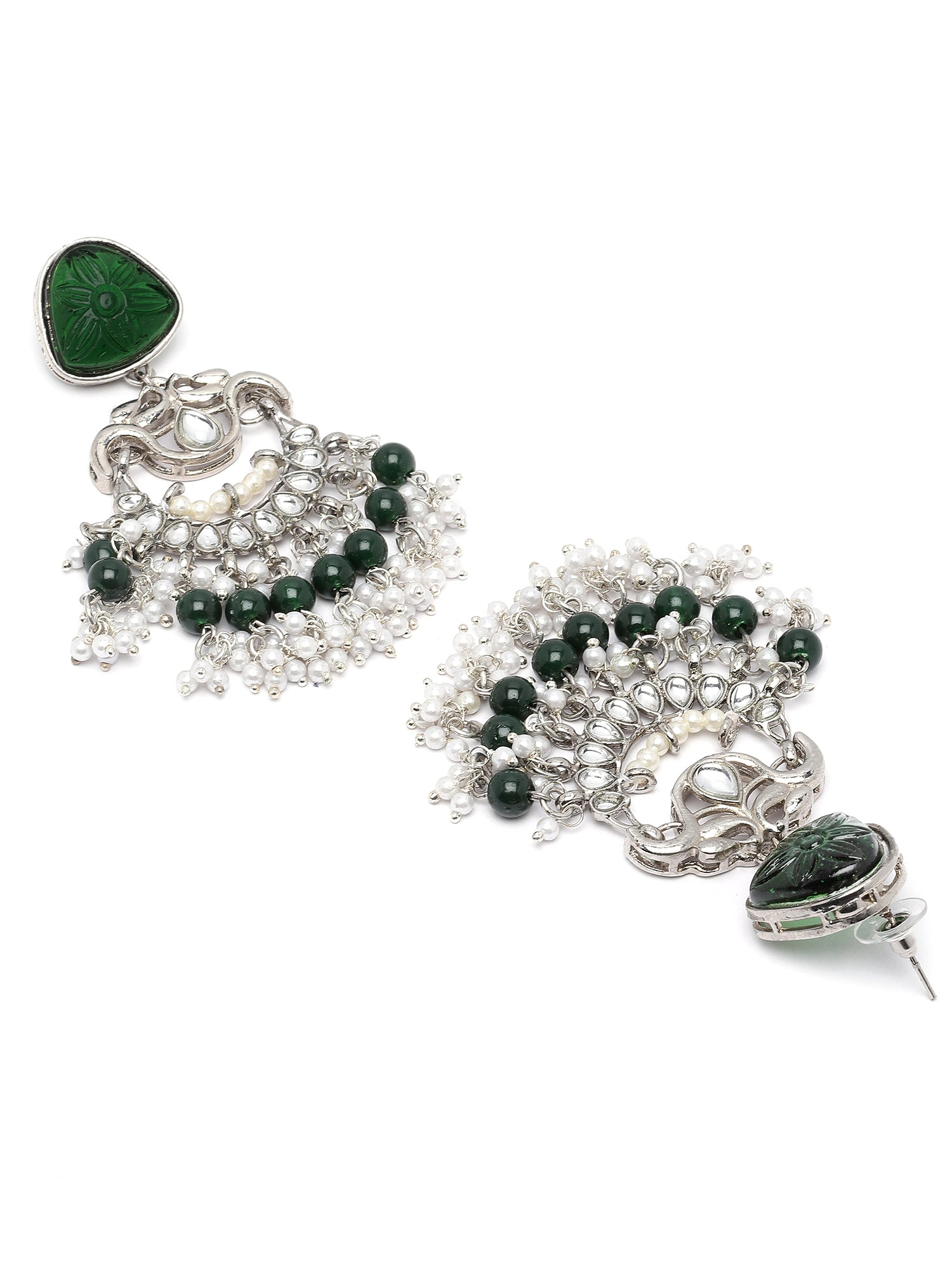 Karatcart Oxidised Silver Plated Green Carved Stone Studded Dangler Earrings for Women - view 5