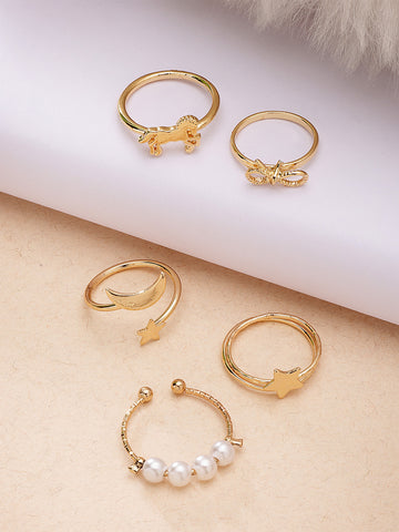 Bohey by KARATCART Set of 5 Gold-Plated Boho Midi Finger Rings for Women