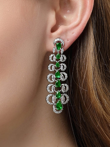 Karatcart Silver Plated Green Cubic Zirconia Studded Leaf Design Drop Earrings for Women