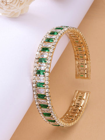 Bohey by KARATCART Gold-Plated Green and White Cubic Zirconia Studded Cuff Bracelet for Women