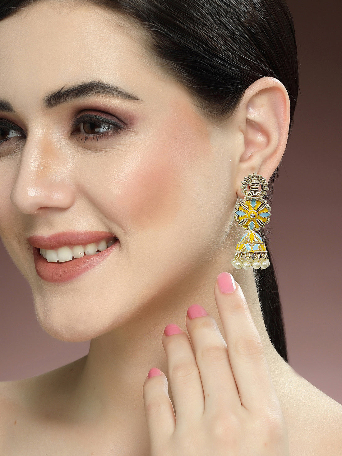 Karatcart Gold Plated Floral Design Yellow and Light Blue Meena Jhumki Earrings for Women