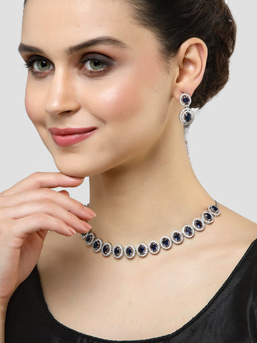 Karatcart Blue Cubic Zirconia Studded Silver Tone Necklace Set