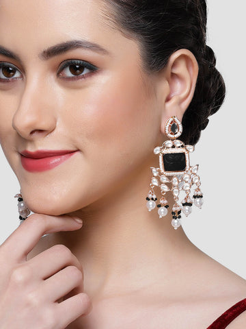 Karatcart Rose Gold Plated Black Carved Stone Kundan Drop Earrings for Women