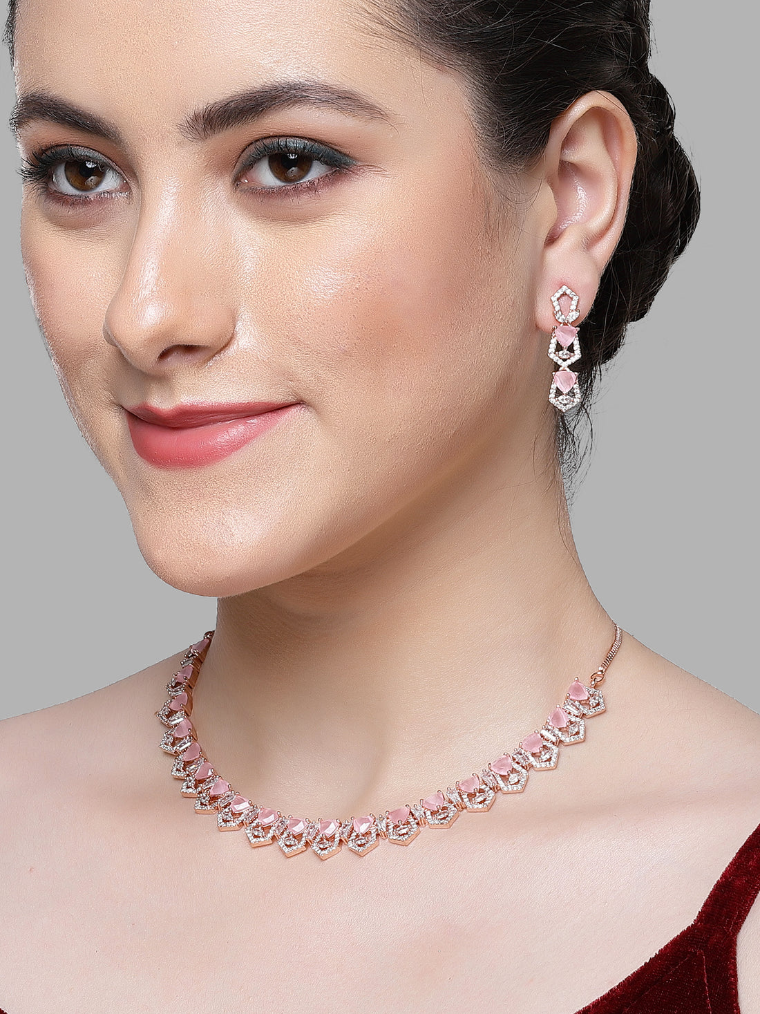 Karatcart Rose Gold Plated Pink Cubic Zirconia Necklace Set for Women