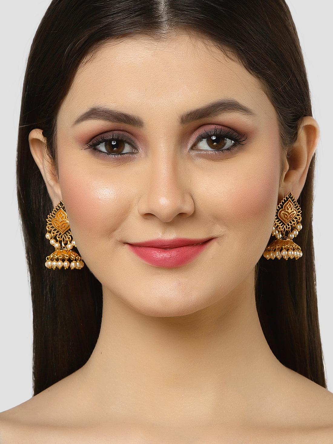 Karatcart Gold Plated Mustard Meena Jhumki Earrings for Women