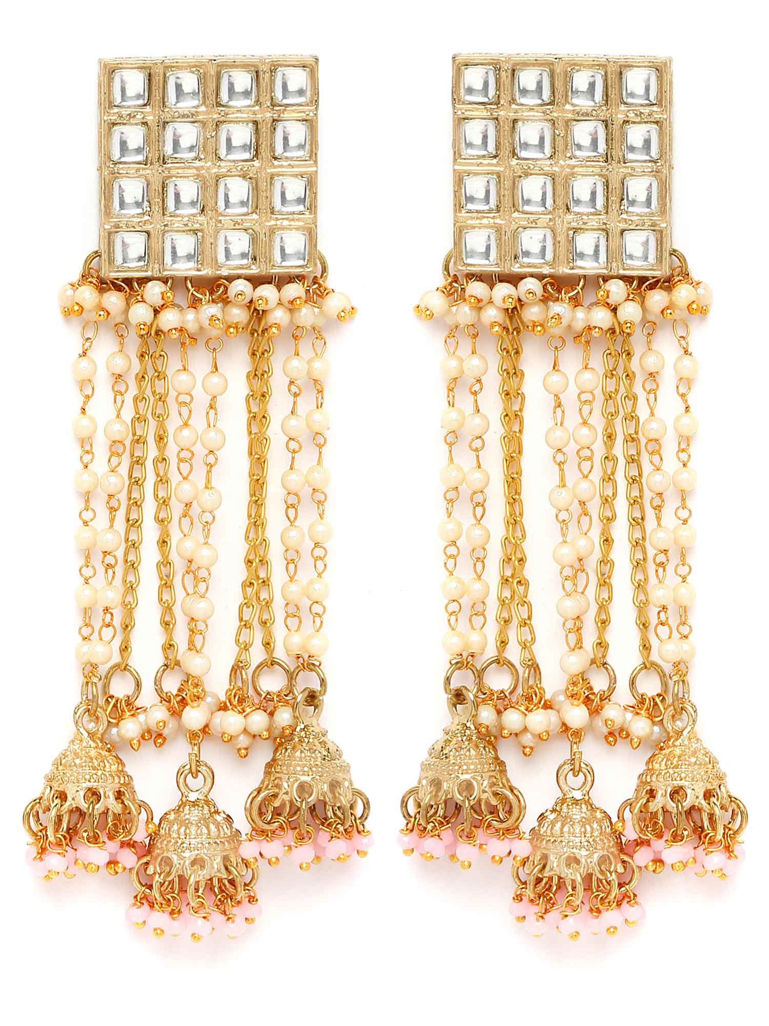 Karatcart Gold Plated Square Kundan Jhumki and Pearl Chain Drop Earrings for Women - view 4