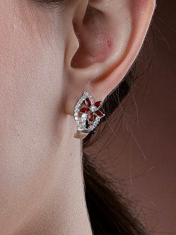 Karatcart Red Stones Silver Plated Floral Design AD Stud Earrings for Women