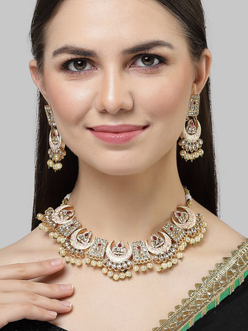 Karatcart Gold Plated White and Pink Meena Kundan Necklace Set for Women