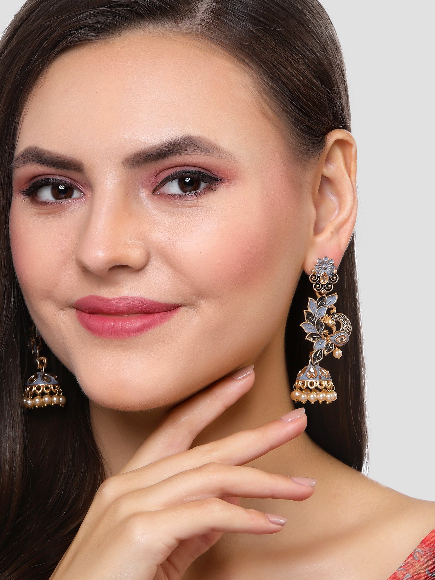 Karatcart Gold Plated Peacock Shape Grey Kundan Dangler Jhumki Earrings for Women - Image 1